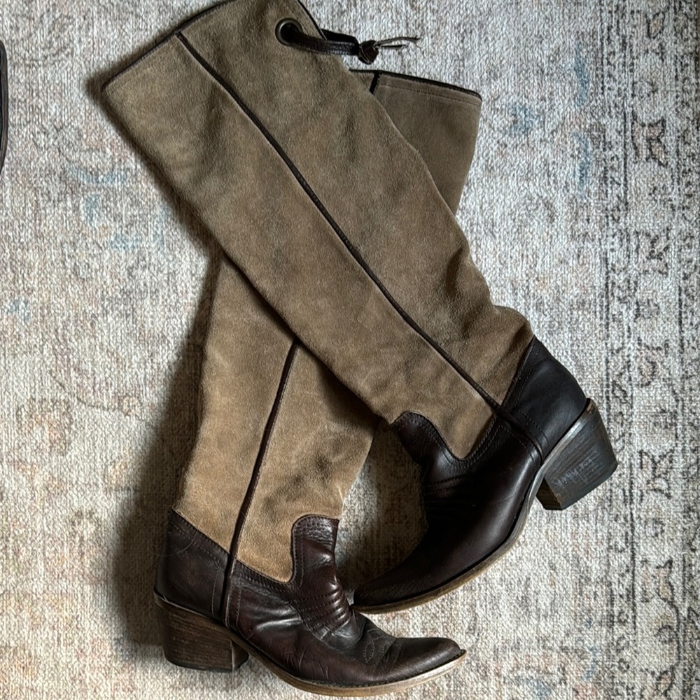 Brown and Tan Knee-High cowboy boots - suede and leather